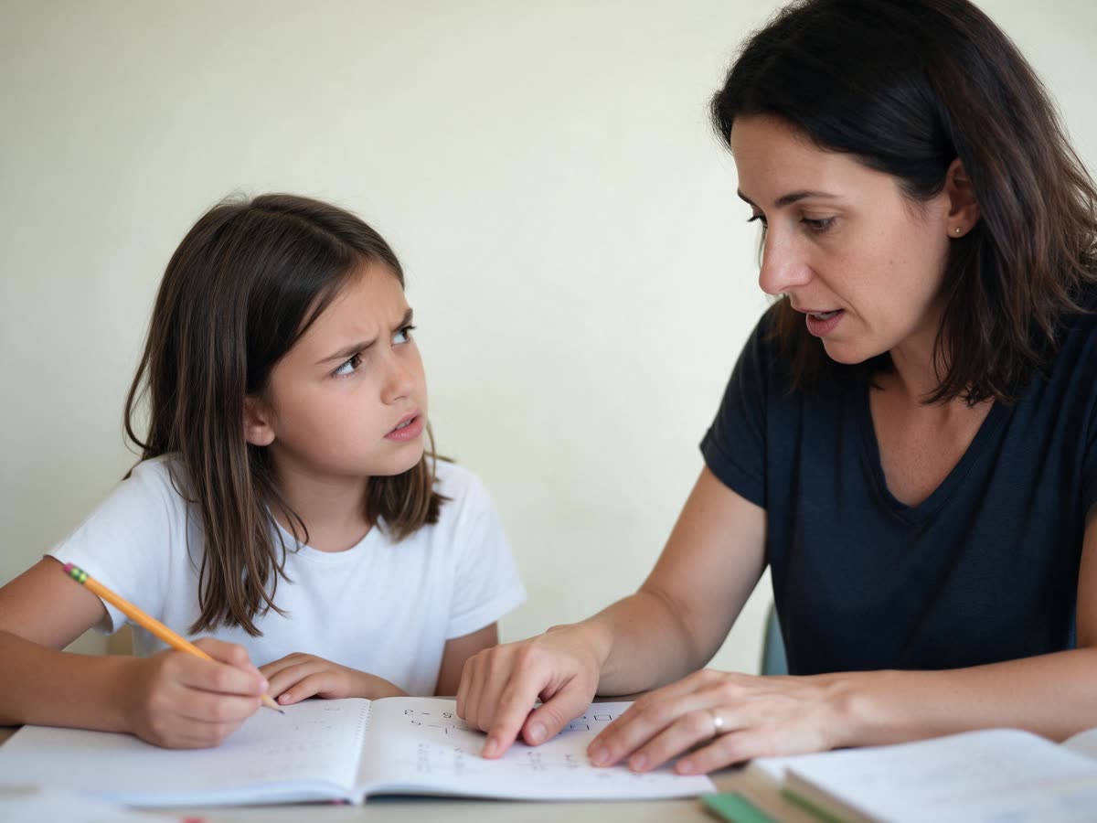 Mãe explicando matemática para a filha