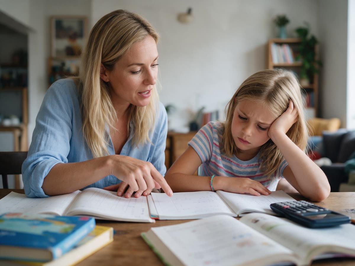 Mãe explicando a tarefa para a filha