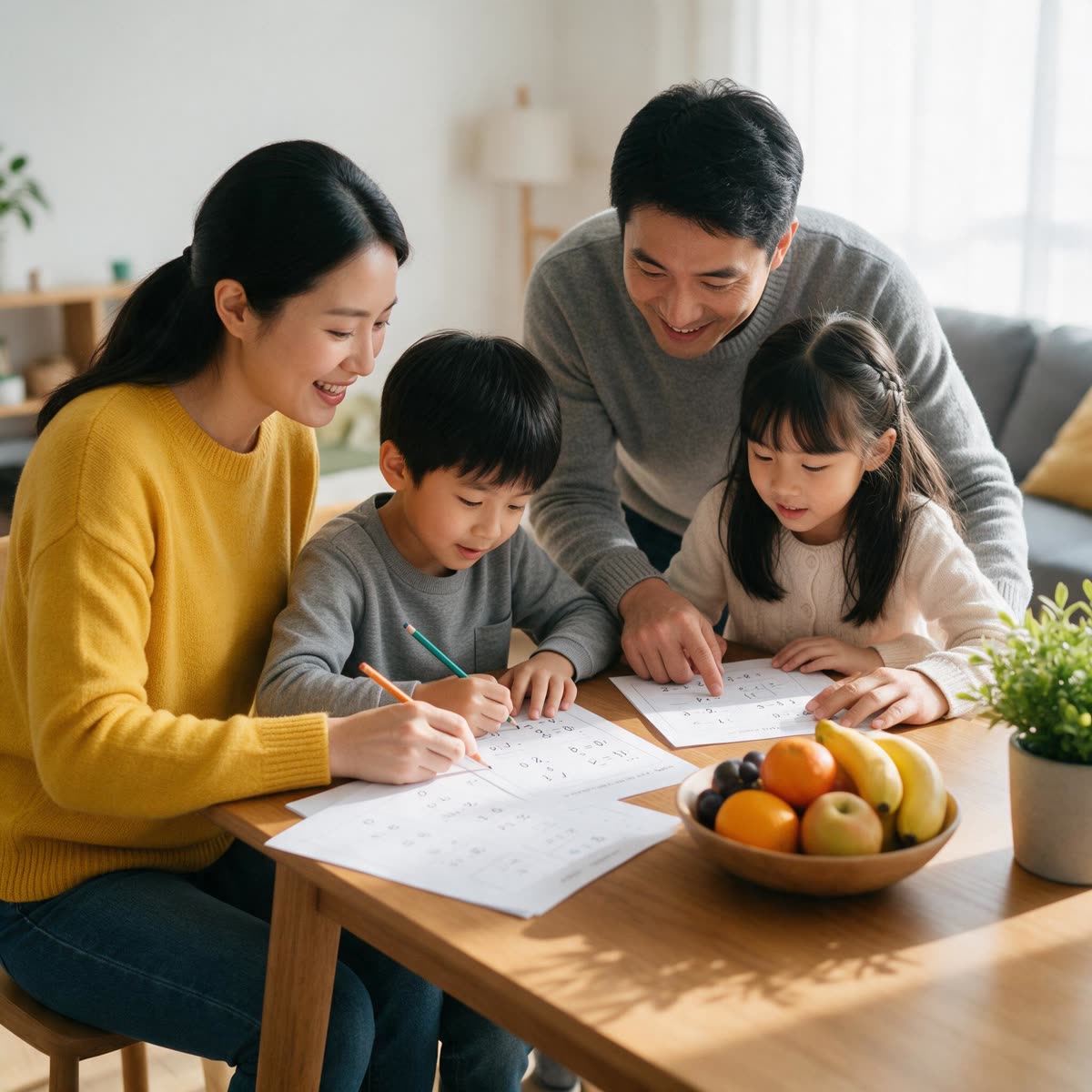 Família fazendo a lição de matemática junta